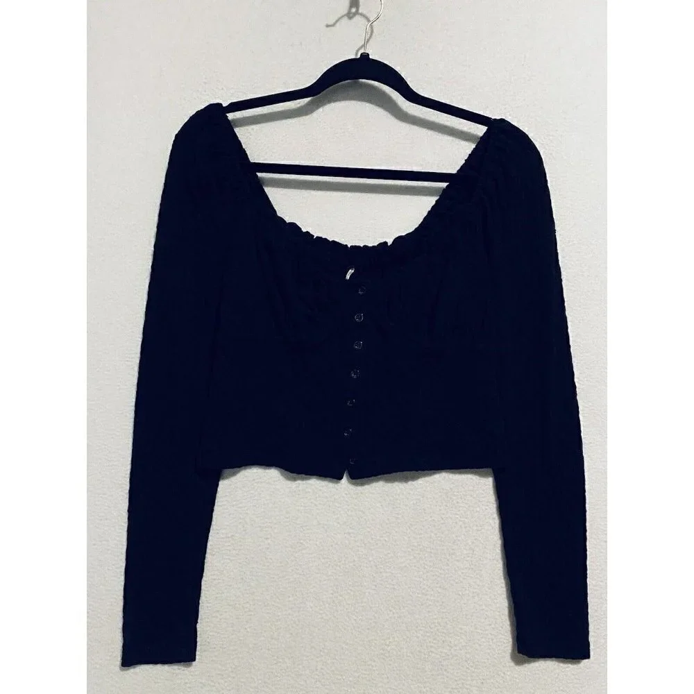 Free People Top Womens Small Black Ladybug Peasant Ruffle Cropped Boho Flirty